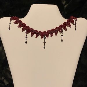 O.O.A.K. Red Ribbon Black Rhinestone Cross Choker